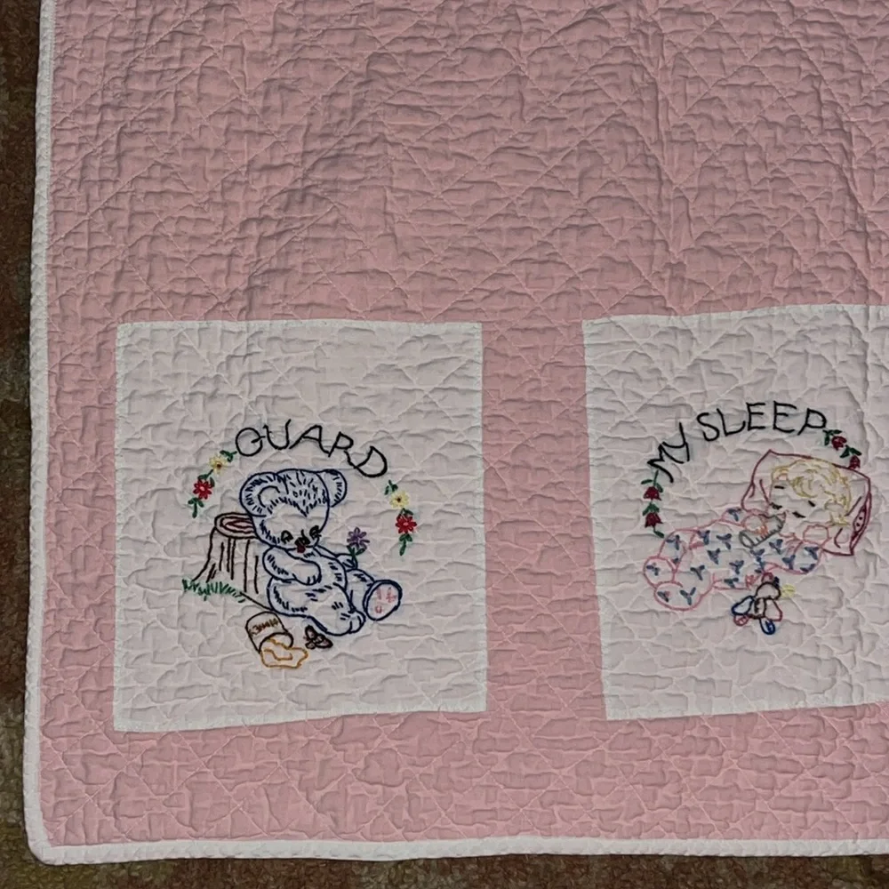 Pink Embroidered Baby Quilt handmade 50” x 32”